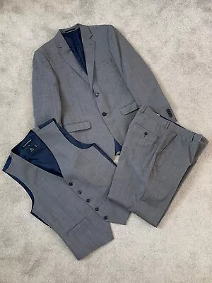 T&W Grey Wool Blend 3 Piece Suit - Jacket 38R Waistcoat S Trousers 32S • £20