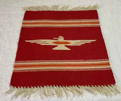 Antique Mexican Rug/Mat Hand Woven Stripes Bird Red Orange Off White Wool • $24.50