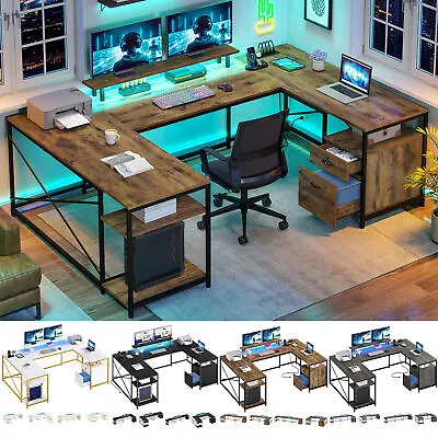 79 Inch U Shaped Desk With Power Outlets & LED Lights Reversible Computer Desk • $172.99