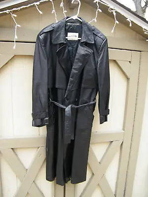 Vintage Black Leather Sea Dream Belted Trench Coat Full Length Duster Cape Back • $79.99