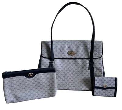 Authentic Gucci 3pc Set Vintage Navy Blue Micro GG Handbag Purse Pouch Wallet • $925