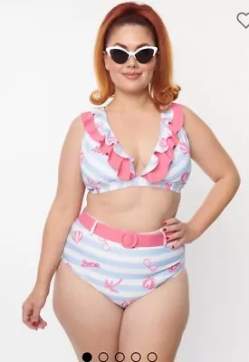 Barbie X Unique Vintage Bikini Blue Pink Ruffle Bathing Suit Malibu Beach Print • £57.84