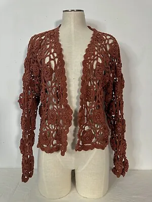 Vintage Brown Crochet Reference Point Brand Cardigan Beaded Sweater Size Medium • $15