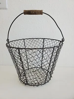 Vintage Egg Basket Silver Tone Chicken Wire Wooden Handle Farmhouse Decor • $19.99
