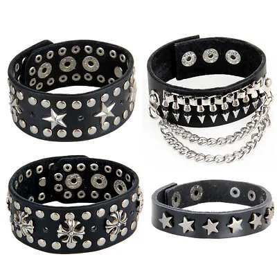 Men Women Spike Studded Rivet Bracelet Punk Goth Biker Wide Leather Wristband US • $8.99