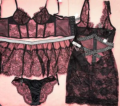 Victoria's Secret 32A/32B XS BRA SET+garter+XS SLIP DRESS Black Lace SHINE STRAP • £176.76