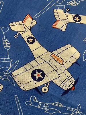 Vintage Fabric. OOP. White Airplanes On Blue * 100% Cotton Remnant. 44”. X 30” • $2.50