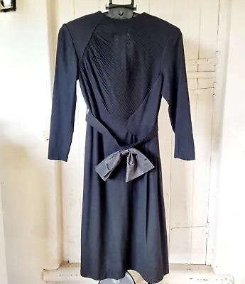 Vintage Pure Wool Black Bow Belted Dress - Sz14 Ribbed Designer 'Svelte' Brand • $22.95