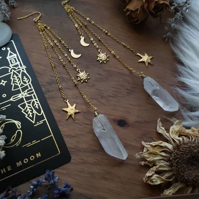 $2.94 • Buy Elestial Sun Moon Star Quartz Brass Earrings Boho Celestial Witchy Jewelry