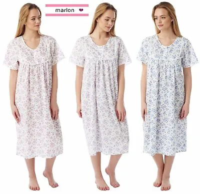 Ladies Poly Cotton Floral Sprig Short Sleeve Nightdress Nightie By Marlon MN 11 • £14.85