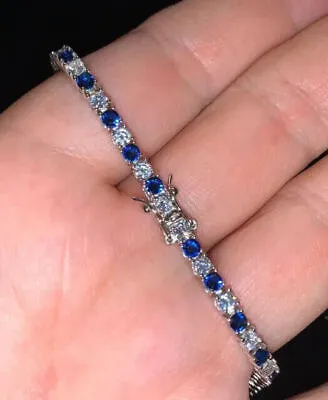 Created Blue Sapphire & Diamond Tennis Bracelet 4mm 18K White Gold / 925 Silver • £96.47