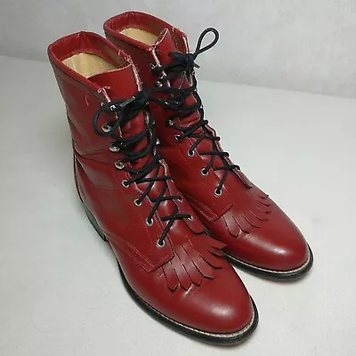 Vtg Laredo Roper Fringe Kiltie Boots Red Leather Lace Granny Womens 6.5 M USA • $39.99