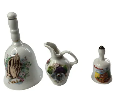 Lot Of 3 Vintage Porcelain Bells Praying Hands Bahamas & 1 Mini Floral Jug • $4.95