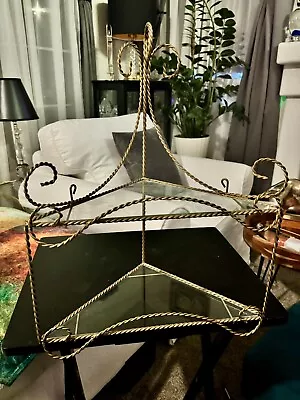 Vintage Hollywood Regency Gold Metal & Glass 2 Tier Corner Hanging Shelf • $30