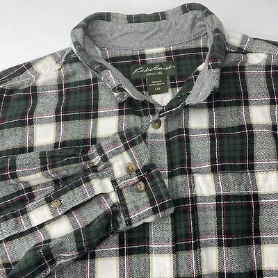 Eddie Bauer Mens Large Flannel Shirt Green Plaid Pocket Button Up Long Sleeve • $12.79