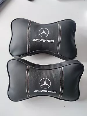 2PCS AMG Car Seat Headrest Neck Cushion Pillows For Mercedes-Benz Black Leather • £39.99