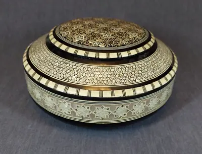 Vintage Handcrafted Round Wood Box With Mother Of Pearl Mosaic Inlay  • $45