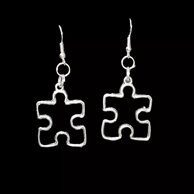 Silver Tone Puzzle Piece Dangle Drop Earrings 2  • $5.20