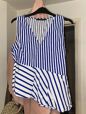 Zara Blue And White Striped Cotton Sleeveless Top With Peplum Detail Size Small • £5.99