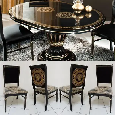 £1450 • Buy Rosella Versace Design High Gloss BlackGold Round Dining Table & 4 Fabric Chairs