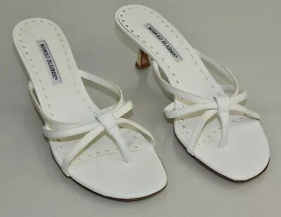 NEW Manolo Blahnik Slides Kitten Heels Thong Sandals White Leather Strappy 41.5 • $375