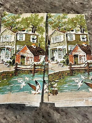 PARISIAN PRINTS Set 2 Vtg Linen Kitchen Hand Towel Rustic Country Water Painted • $20