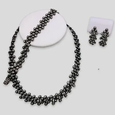 Vintage 925 Sterling Silver Marcasite Necklace Bracelet And Earring Set -5377 • $714.41