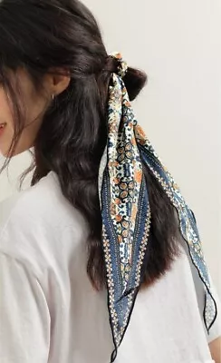 Multi-Floral Dark Blue Long Scarf-Scrunchie Ponytail Hair Tie Multi-Functional • $15.22