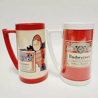 Thermo Serv Budweiser Bud Man Mug Beer Stein Set Of 2 Red Plastic Vintage 1970s • $15.37