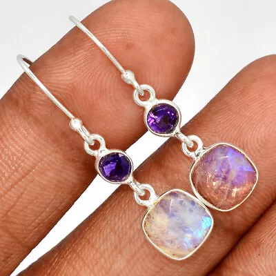 Natural Rainbow Moonstone - India & Amethyst 925 Silver Earrings SY5 CE28595 • $10.99