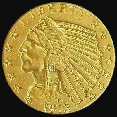 1913 Gold United States $5 Dollar Indian Head Half Eagle Coin • $789