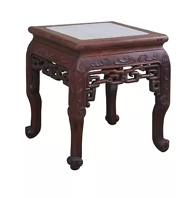 Antique Chinese Rosewood Carved Marble Top Side Table Stool Plant Stand Pedestal • $560