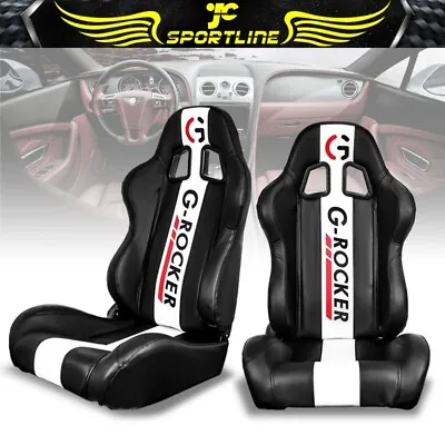 Universal Reclinable Racing Seats X2 Dual Slider Black WH PU • $349.99