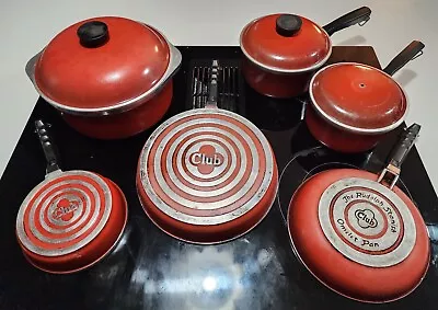 $115 • Buy CLUB Vintage 70's Poppy Red Cast Aluminum 6 Pots & Skillets With 3 Lids Set Cook