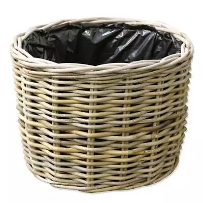 Grey & Buff Rattan Round Wicker Planter Plant Pot Flower Woven Lined Garden • £40