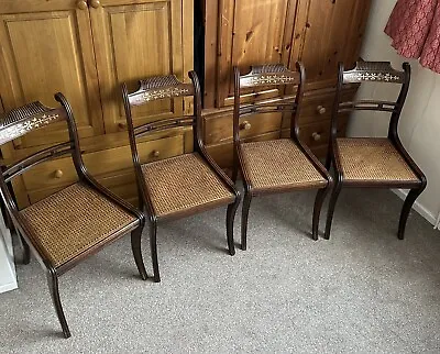 Set Of 4 Antique Regency Dark Wood Cane Seated Chairs • £350