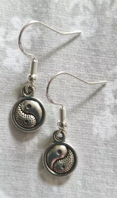 Tibetan Silver Yin Yang Charm Drop Earrings On 925 Silver Fish Hooks Gift • £2.75