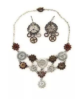 New Steampunk Multi Gear Necklace And Earrings Set Propellers And Gears NIP • $10.09