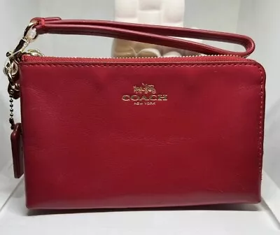 Coach F64581 Double Corner Zip Leather Wallet Wristlet Clutch RED • $8.99