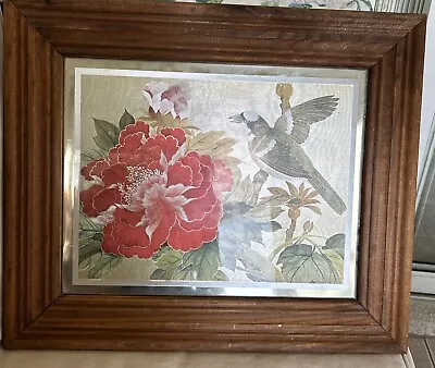 Vintage Bird Flowers Foil Painting On Silk Paper Asian Art Framed Vibrant Colors • $79.95