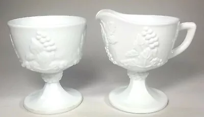 Vintage Milk Glass Sugar & Creamer Grape Design Pedestal 4  Collectible • $29.97