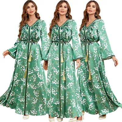 Moroccan Dress Muslim Women Abaya Floral Printed Long Kaftan Dubai Caftan Turkey • $34.92