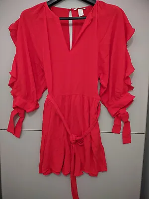 H&M Romper Jumpsuit Womens 6 Red Orange Flutter Sleeve Shorts Keyhole Back Tie • $12