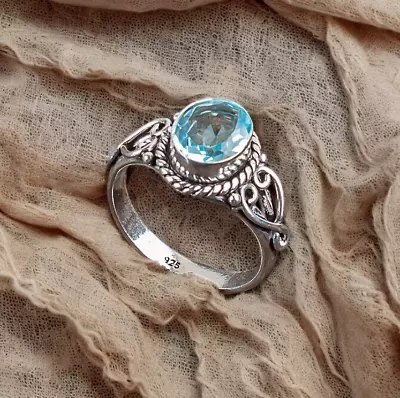 Swiss Blue Topaz Gemstone 925 Sterling Silver Ring Handmade Jewelry For Gift • $11.03