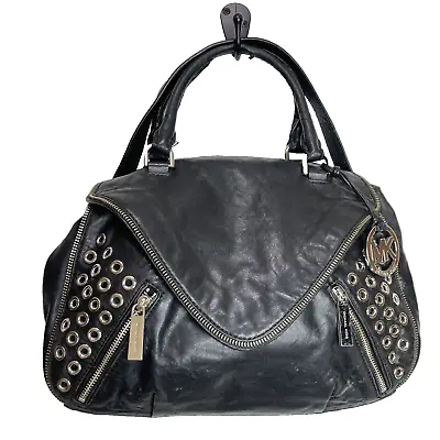 Michael Kors Odette Grommet Black Leather Satchel Bag Handbag Chain Silver Moto • $52.95