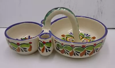 Mexico Pottery Hand Painted Flowers Handled Serving Double Bowl • $40