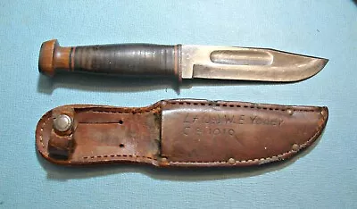 Vintage KA-BAR Fixed Blade Knife Wood Pommel Military Soldier Inscribed Sheath • $15.50