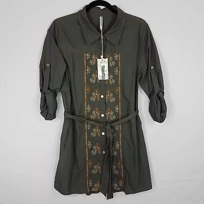 Monoreno Embroidered Snap Shirt Tunic Dress M Belted Roll-Tab Sleeve • $20