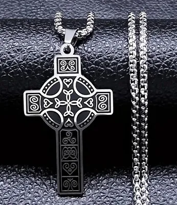 Mens Irish Celtic Trinity Knot Cross Pendant Necklace Stainless Steel • $11.98