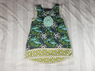Girls MUSTARD PIE Crochet Trim Gray Aqua Blue FLORAL BIRD Tunic Hi Lo DRESS 4 • $20.50